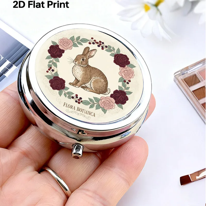 Vintage Floral Rabbit Metal Pill Box 3-Compartment Portable Pill Box Travel Medicine Organizer Mini Pill Box Small Vitamin Box Storage Box Plant Rose Pattern Medicine Dispenser Unique Creative Gift for Women