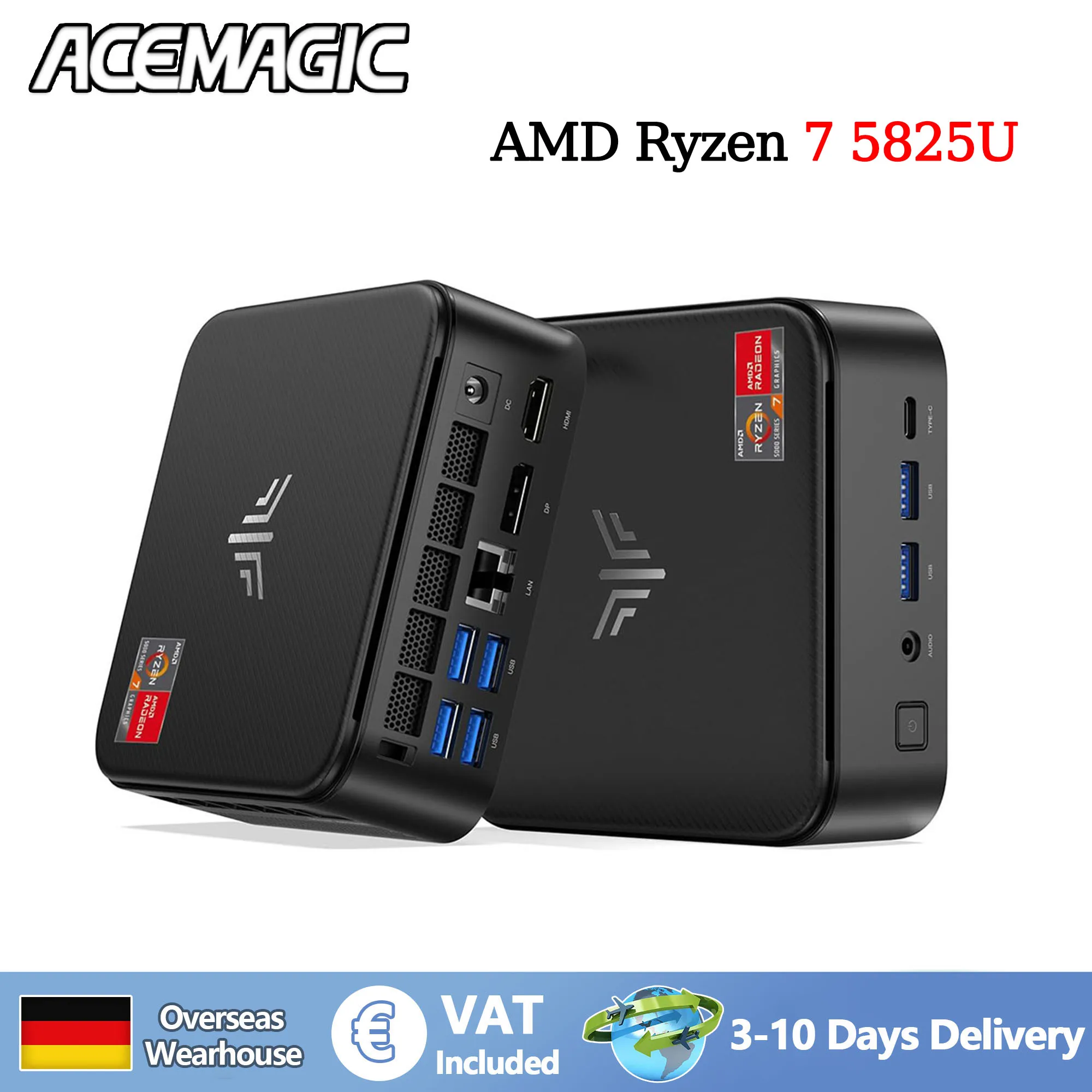 Mini PC ACEMAGIC E3B AMD Ryzen 7 5825U, 16 Go de RAM, 512 Go de SSD, Wi-Fi 6, Bluetooth 5.2, triple écran 4K, compatible VESA
