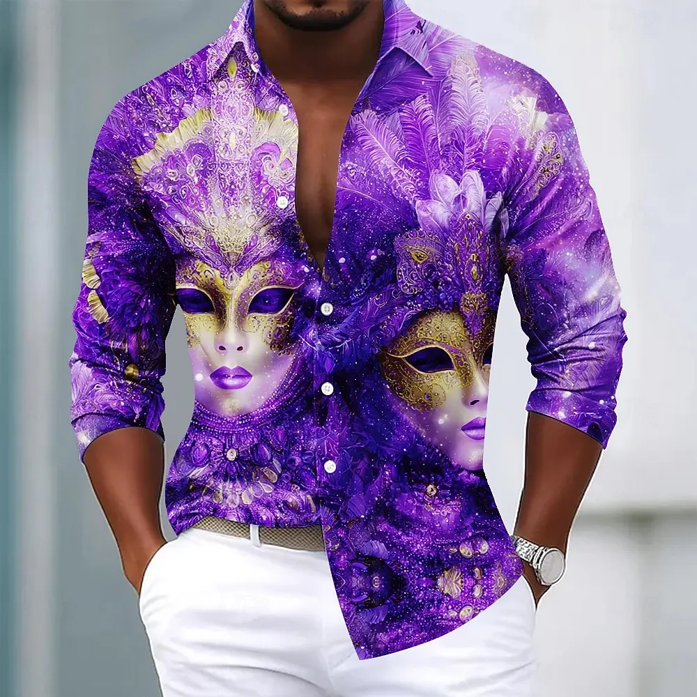 

Mardi Gras Мужская карнавальная маска ярких цветов с перьями Рубашка с длинным рукавом Модные повседневные отложные рубашки на пуговицах с 3D принтом