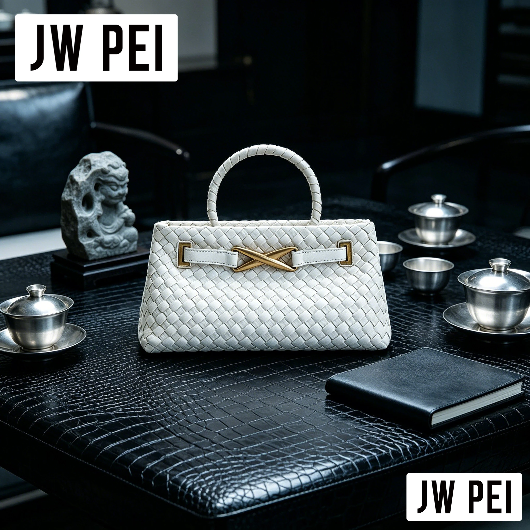 JW PEI Designer Woven Leather Top Handle Bag Women Solid Black Braided Texture Gold Buckle Formal Evening Clutch