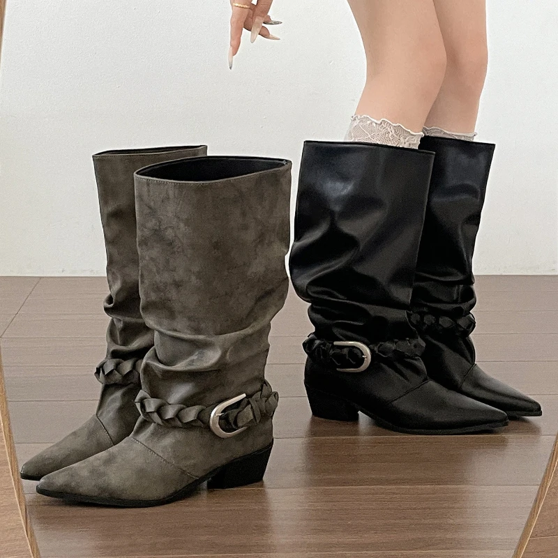 Damen-Slouchy-Kniestiefel mit geflochtenem Schnallenriemen, quadratischem Blockabsatz, spitzer Zehenpartie, Vintage Western-Cowboy-Langstiefel für Damen