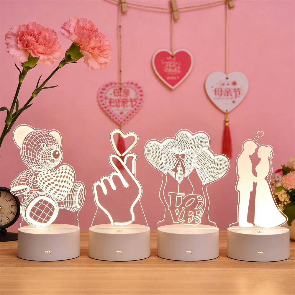 USB Plug-in 3D Acrylic Creative Design LED Night Light for Bedroom Home Christmas Birthday Wedding Decoration Mother's Day Gifts
