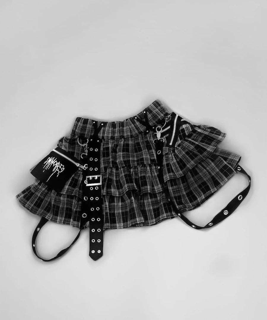 Japanese Mine Harajuku Punk Style Metal Buckle with Packet Decorative Ruffled Short Skirt Sweet Cool Girl Women\'s Plaid Skirt