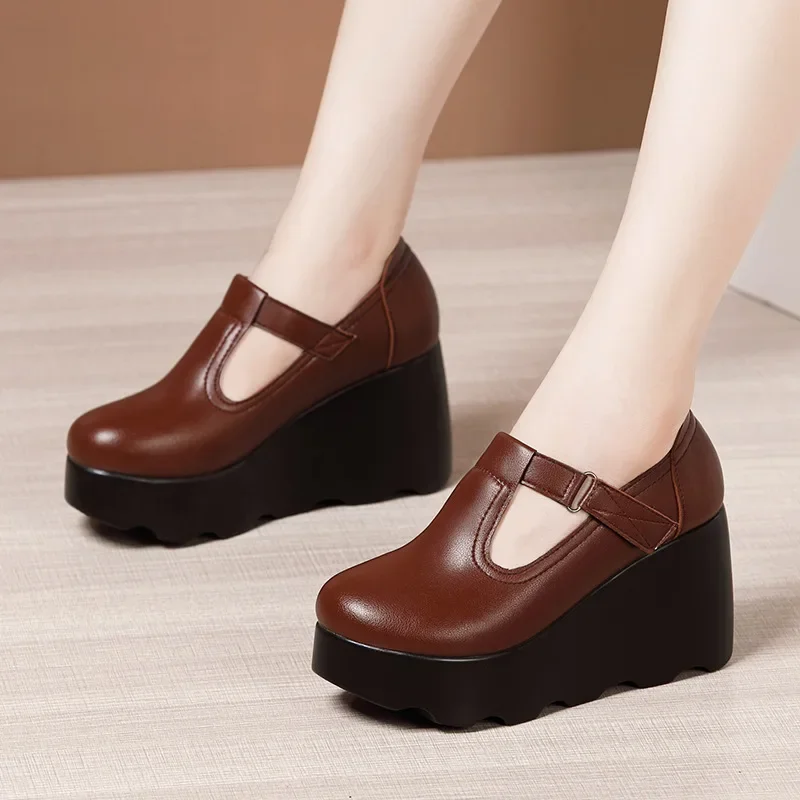 8cm Small Size 32-43 Thick Bottom Shallow Platform Wedges Shoes T Strap Pumps 2024 Fall High Heels Shoes Women Office Mom Dance