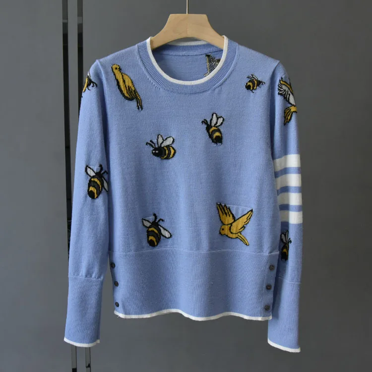 Brand New 2023 Autumn Chic Women High Quality Embroidery Blue Sweater Tops F274