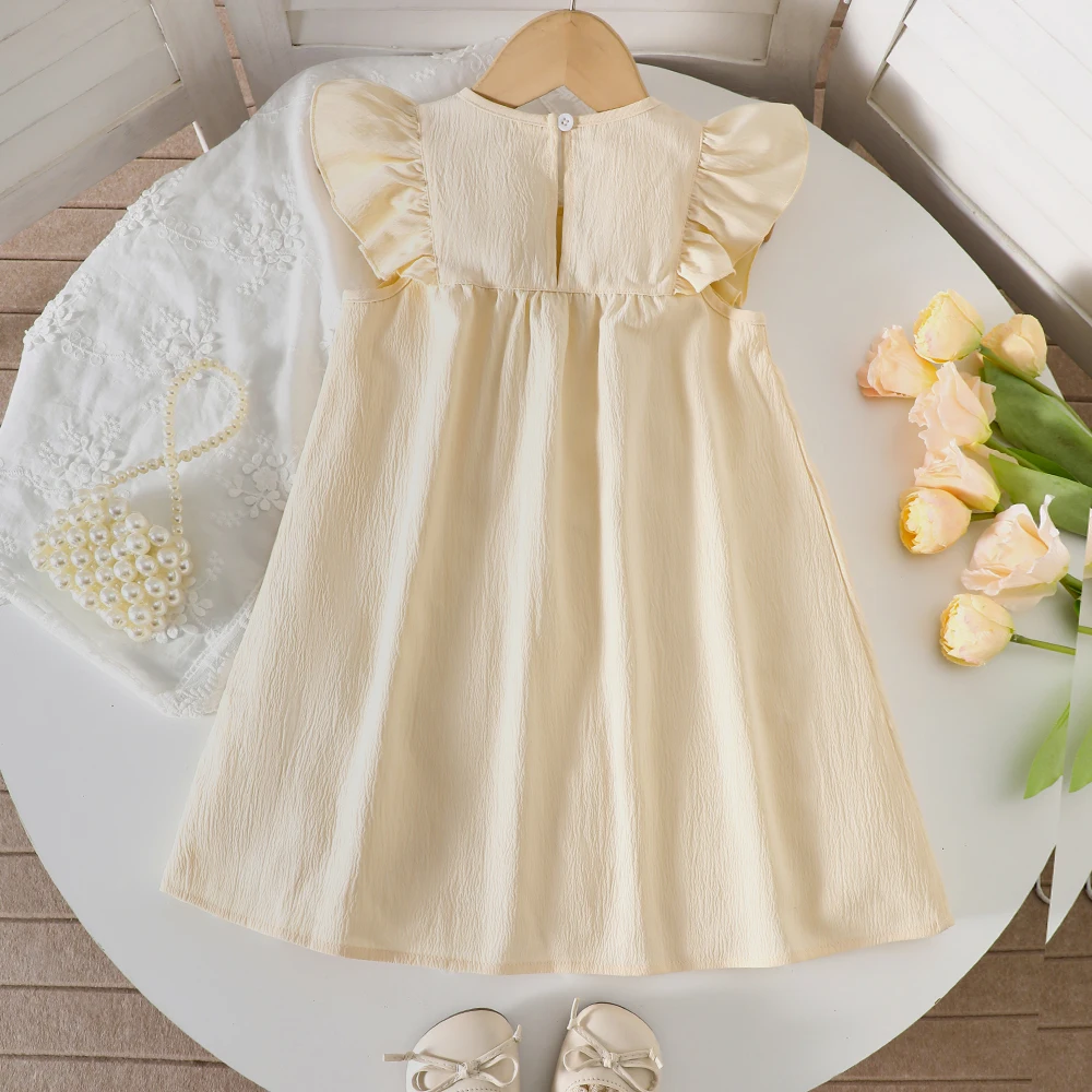 Girls' summer three-dimensional flower ruffle sleeveless pure color casual dress