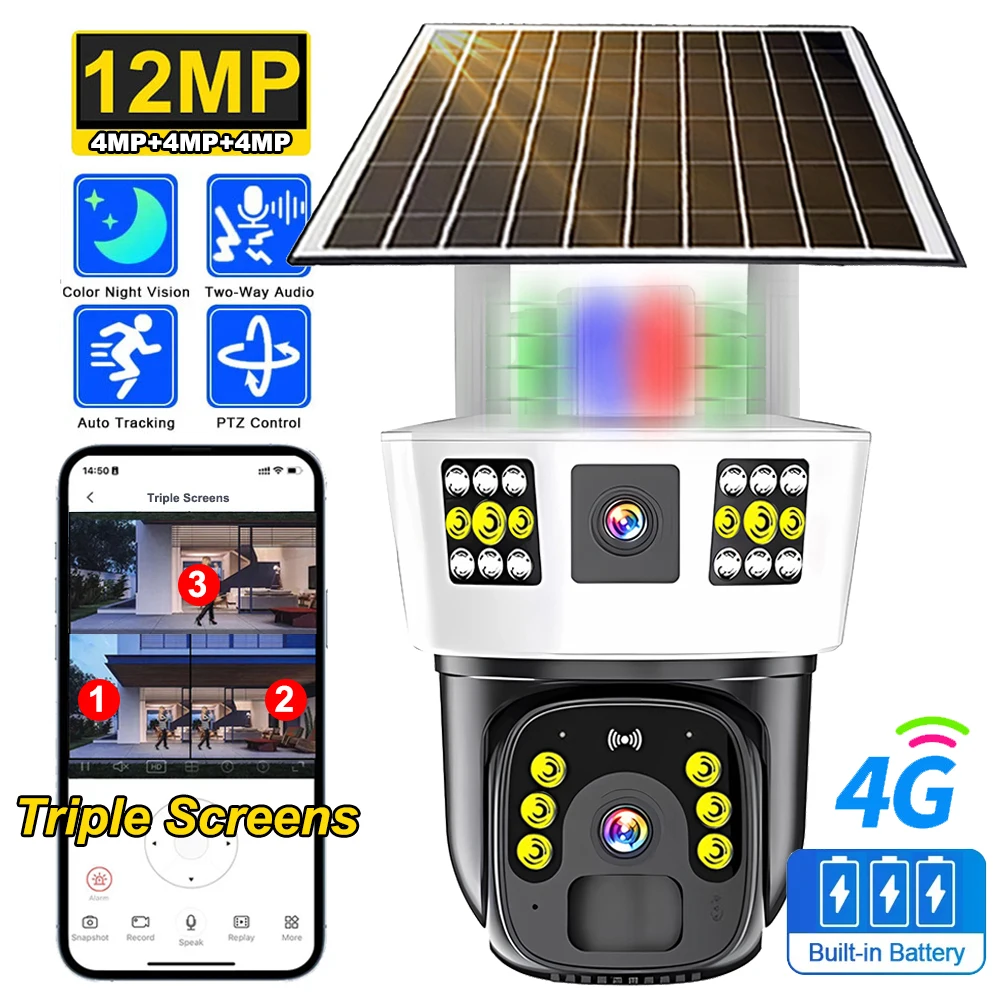 

Cámara IP Solar con tarjeta SIM 4G para exteriores, Batería integrada, Монитор PTZ12MP y 6K,luz de alarma de det Cina Bravo PIR