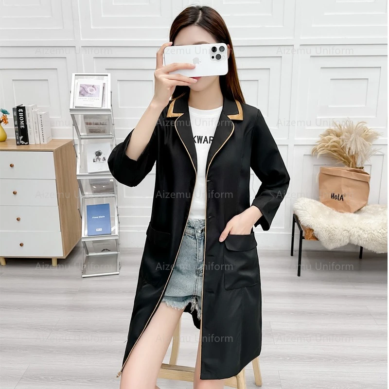 black beauty uniform with beautician robe women salon lab coat nurse uniform medical scrubs pink hospital Spa workclothes logo