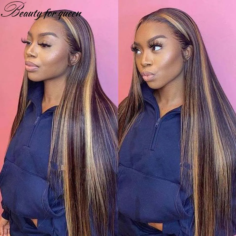 

13x4 Brazilian Colored Human Hair Wig Highlight Brown Long Straight 200 Density Transparent Lace Frontal Wigs Cosplay For Women