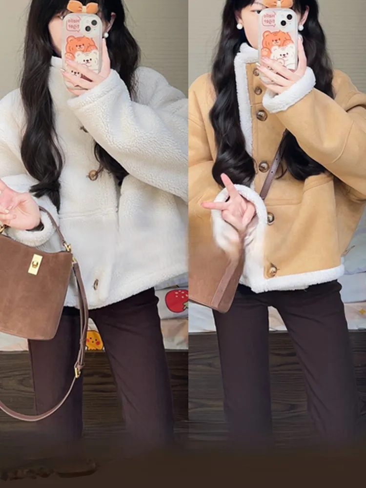 

Lamb Wool Jacket Navy Woman Sherpa Line Basic Cargo Detail Sport Bohemian Boyfriend Embellished Safari Brown Jogging Oversized