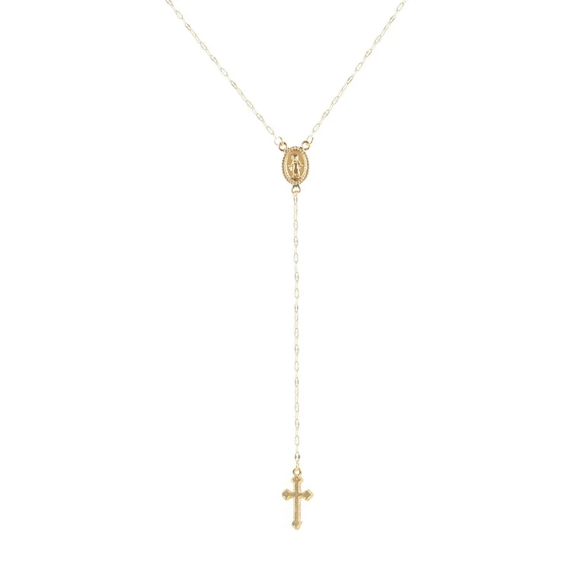 New Gold Silver Rose Color Christian Cross Pendant Necklaces For Women VintageReligious Rosary Long Necklace Clavicle Chian 2022