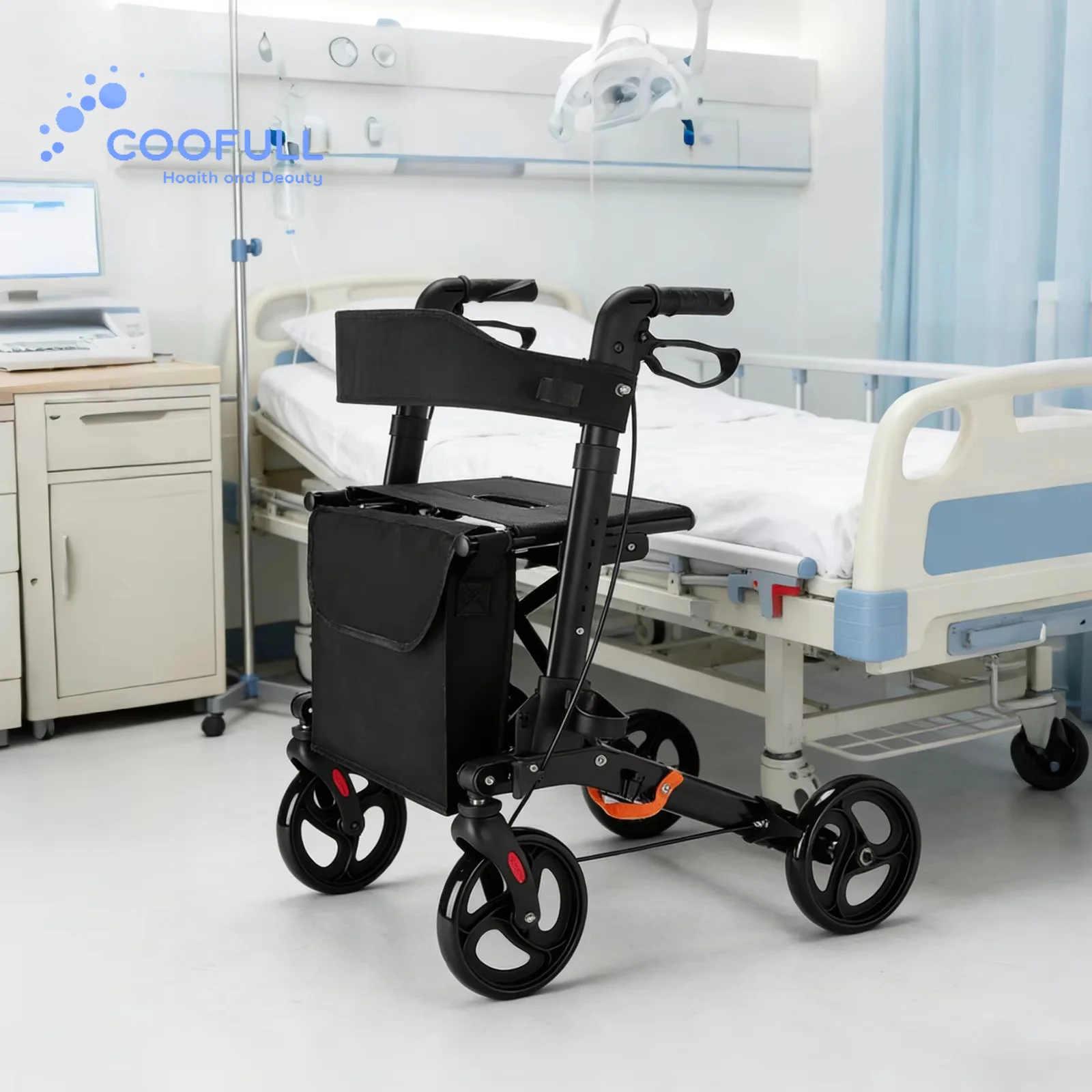 Coolfull Euro Style Aluminum Rollator Walker With Seat and Bag Internal Brake Cable Outdoor Mobility Aid With Cane Holder