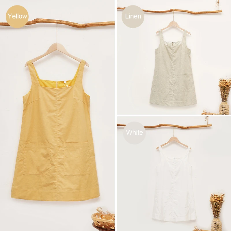 여름 여성 리넨 드레스 새로운 솔리드 컬러 스퀘어 넥 민소매 루즈 코튼 포켓 패션 드레스 Vestidos,427938WLU