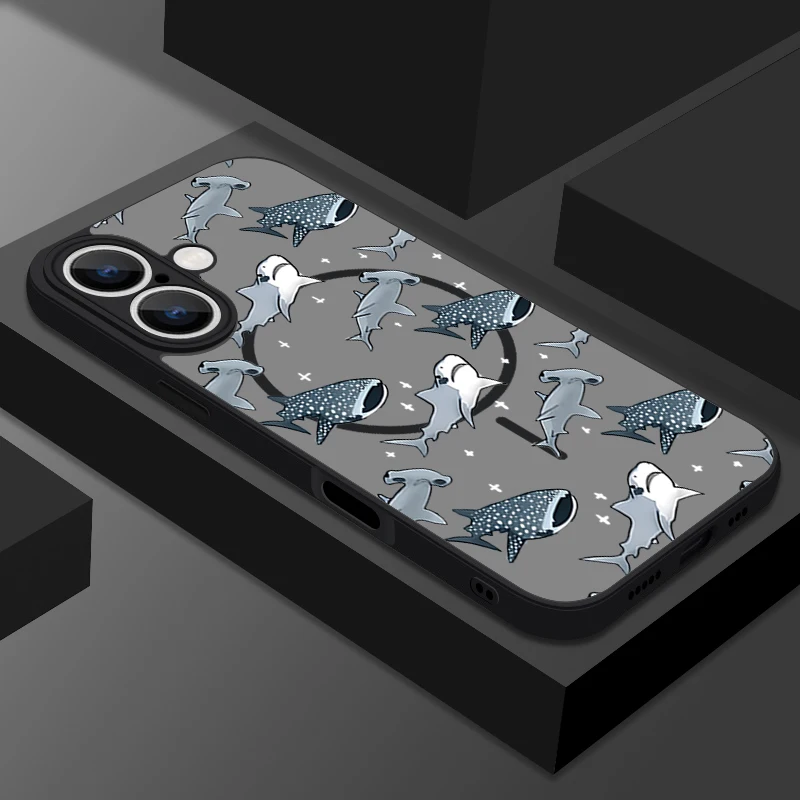 Cartoon-Haifischschalen-Magnetische Handyhülle für iPhone 16e 16 15 14 Pro Max 14 13 Pro Stoßfest für MagSafe Weiche TPU PC Rückseite