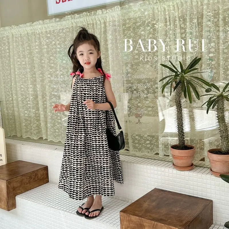 2023 Summer Overall Dresses A-line Mid-calf Length Pullover Print Bowknot Cotton Sweet Fashion Korean Casual Designable Girls