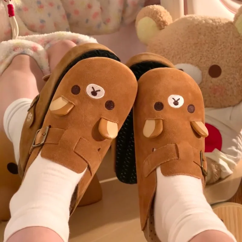 

New Cute Rilakkuma Shoes For Women, Outdoor Thick Flat Shoes, Autumn New Retro Platform Slip-Ons Casual Fashion Lazy Slippers