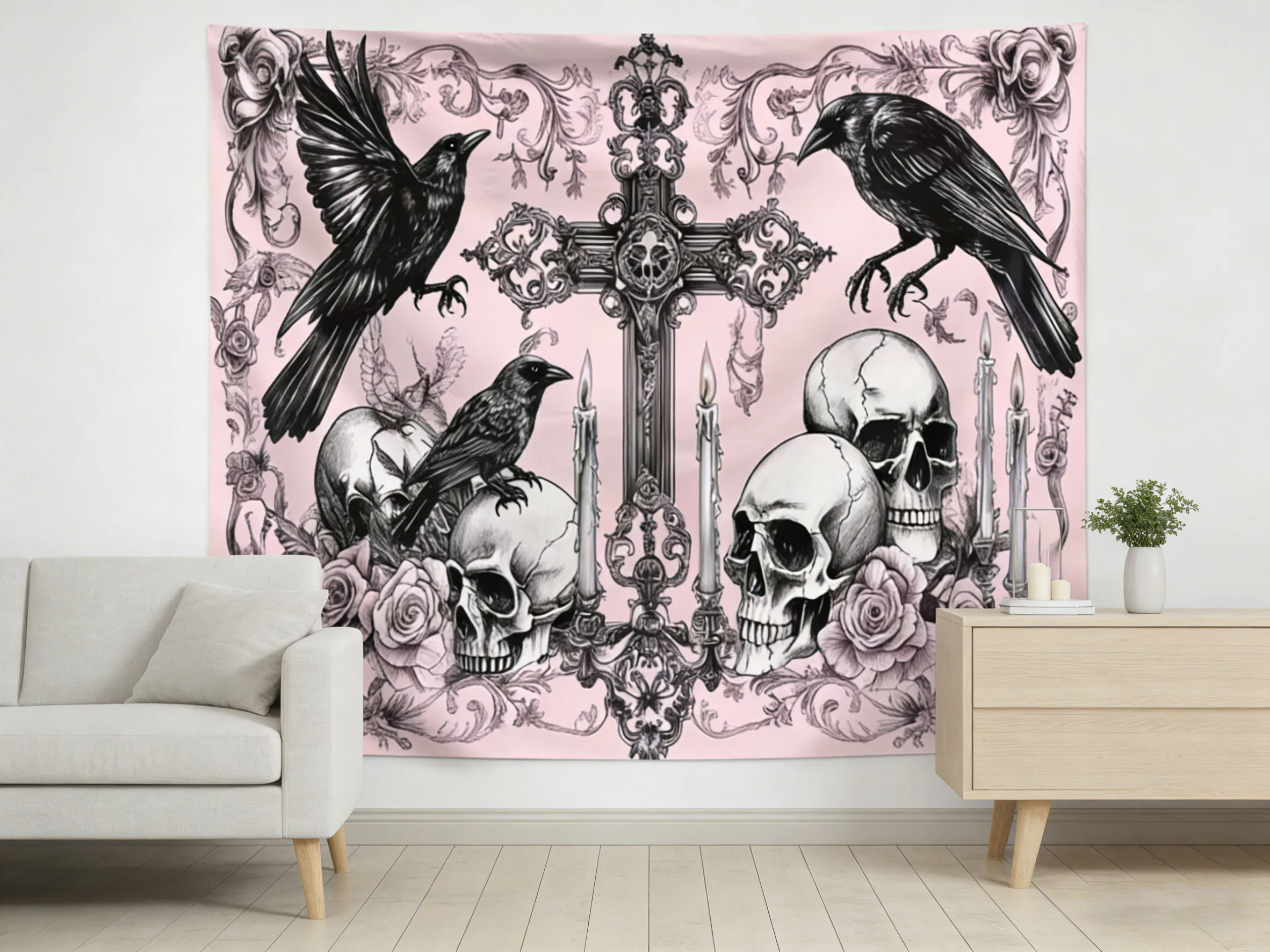 2026 Art Gothic Dark Wandteppich Krähe Kreuz Schwarz und Pink Deko Wandbehang Böhmischer Tarot Hippie-Stil Wohnheim Wanddekoration