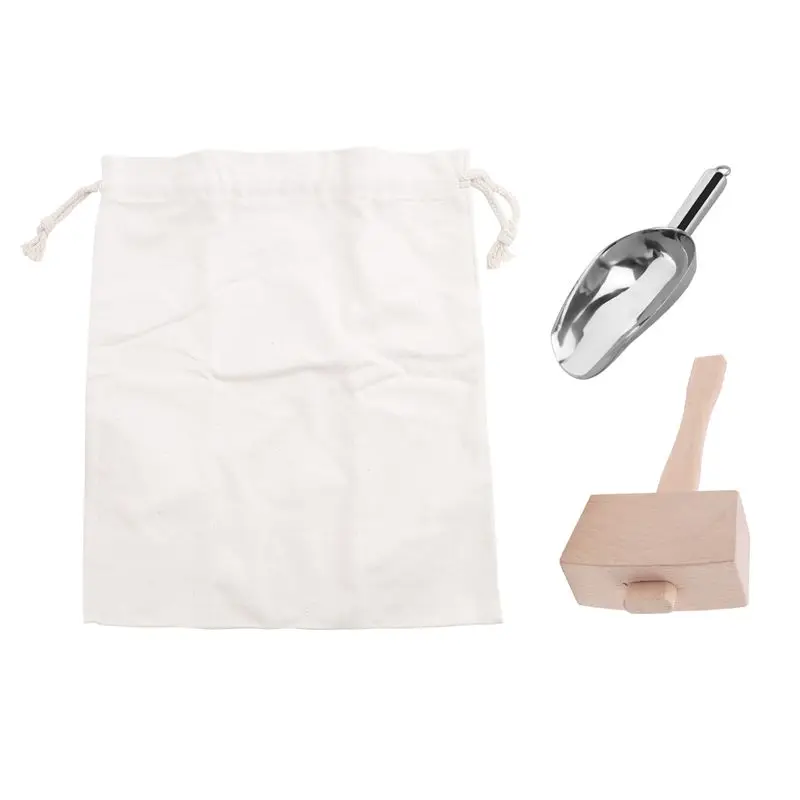J1UL1N Ice Mallet And Ice Bag - Wood Hammer And Cotton Linen Bag For Crushed Ice, Bartender Kit & Bar Tools Kitchen Accessory