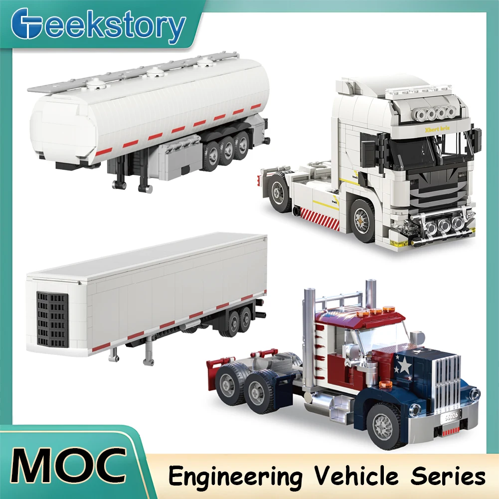 Seria pojazdów inżynieryjnych Model samochodu Amerykański i europejski ciężarówka z przyczepą kontenerową Cysterna na paliwo Klocki konstrukcyjne MOC Zabawki Prezent dla dzieci