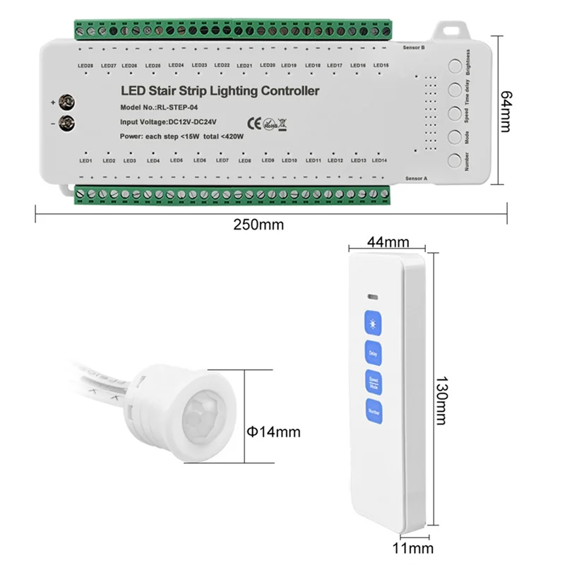 A08F-28CH Intelligent Sensor Stair Light Controller DC12V-DC24V Stair Step Light Controller LED Strip Dimmer