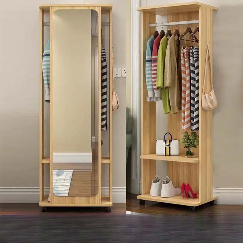 Full Body Floor Mirror with Storage Cabinet Rotating Mobile Standing Mirror for Living Room Bedroom Simple Multi-function