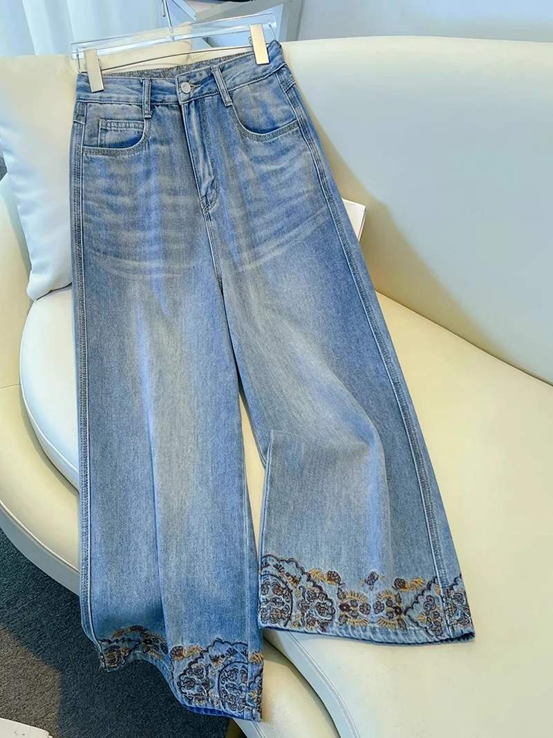 Embroidered Jeans for Women 2026 New Spring Buckle Straight Leg Cropped Pants Retro High Waist Loose Wide Leg Trousers