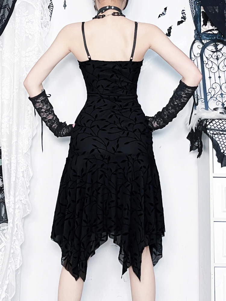 AltGoth Fairycore Grunge Gothic Flockingชุดผู้หญิงDark Vintage Elegantสปาเก็ตตี้สายคล้องคอเอวไม่สม่ําเสมอHemชุดหญิง