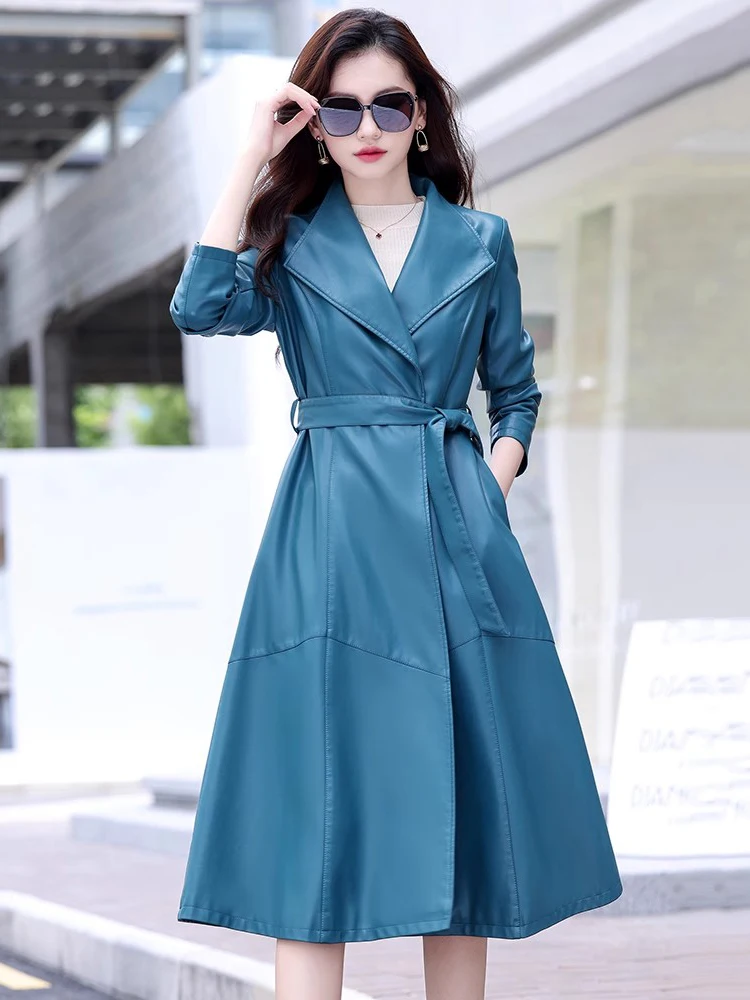 New Women Split Leather Coat Spring Autumn Fashion Elegant Chic Turn-down Collar Lace-up Slim Sheepskin Long Trench Coat