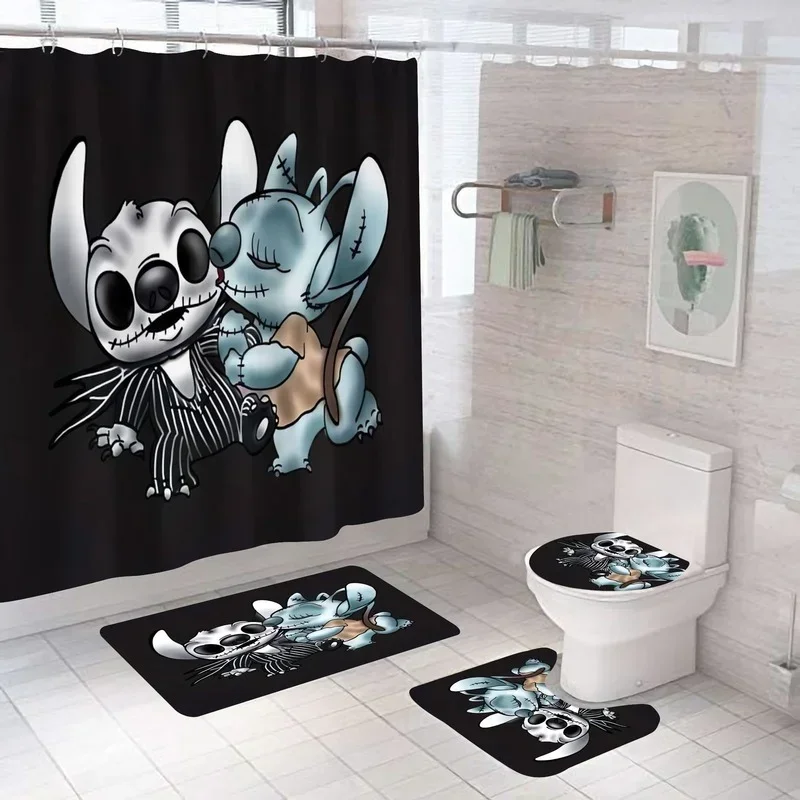 Disney Lilo & Stitch Cartoon Shower Curtain Curtain Floor Mat Non-Slip Waterproof Stitch Star Baby Bathroom Shower Curtain Set