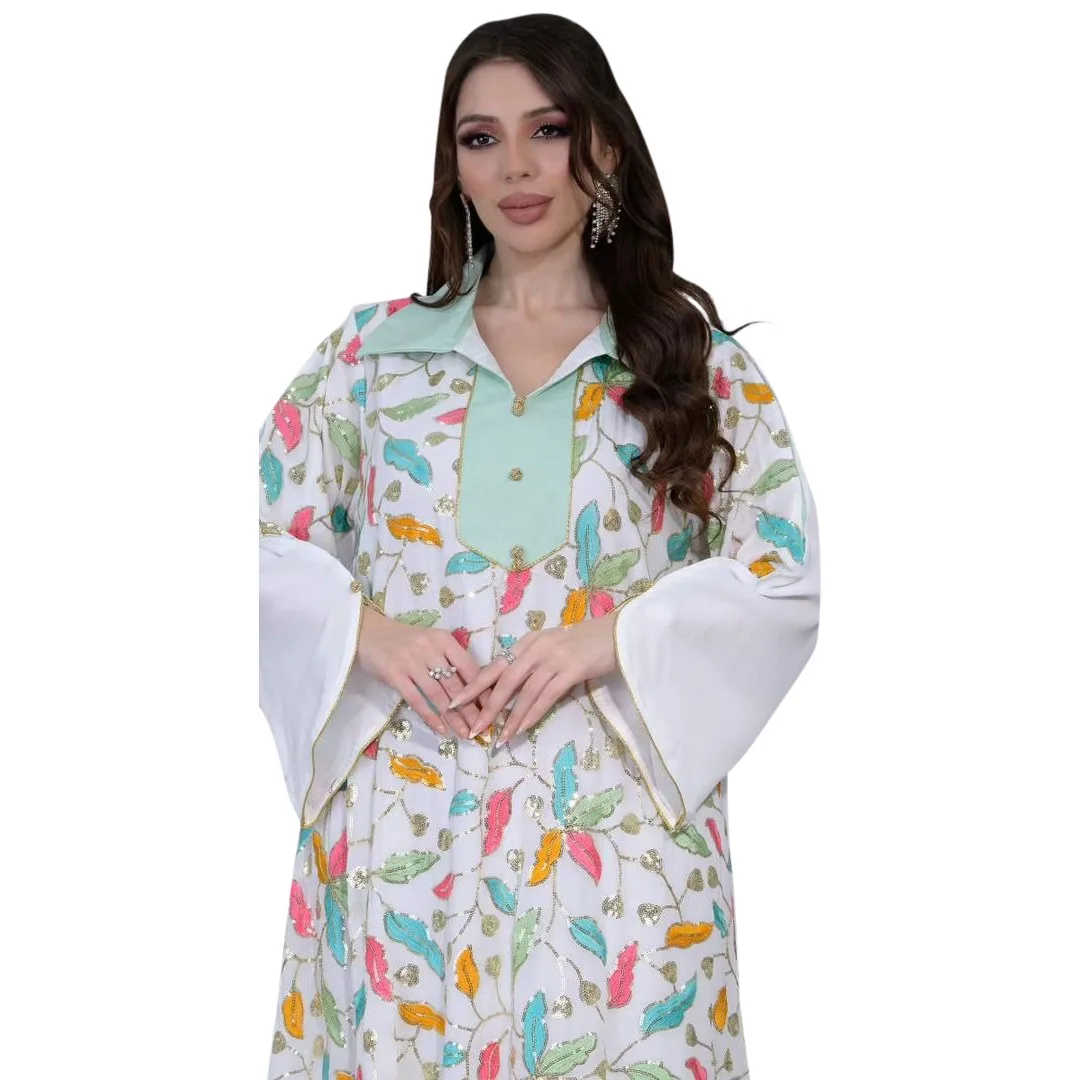 2025 Muslim Beaded Embroidery Women Abaya Ramadan Morocco Long Sleeved V-neck Party Dress Eid Dubai Loose Casual Robes Jalabiya