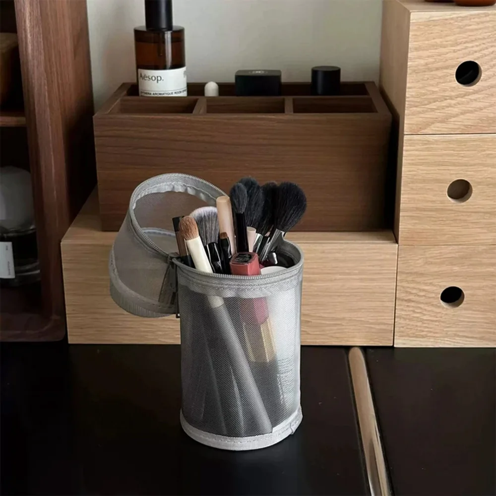 Mesh Dual-use Makeup Brush Storage Bag Portable Brush Case Simple Large Capacity Brush Bucket Holder Travel Stand-up Pouch