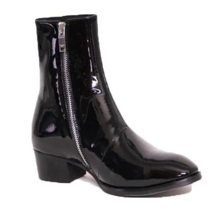 British Style Men Shiny Patent Leather Zipper Side Pointed Toe Short Chelsea Boots Male Med Heels Height Increasing Ankle Boots - Image 3