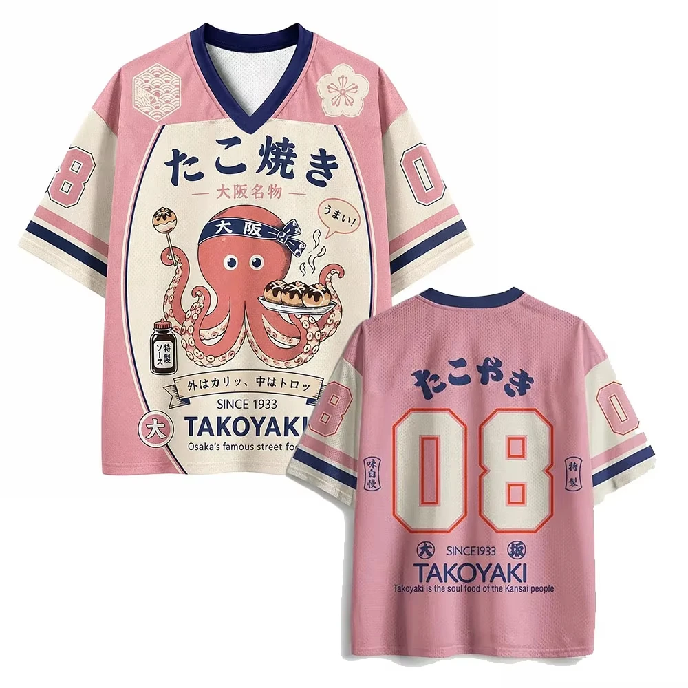 New Unisex Cartoon Octopus Takoyaki Jersey Tee Retro Japanese Snack Food Printed V‑Neck Short‑Sleeve Hip Hop Street Casual Tops
