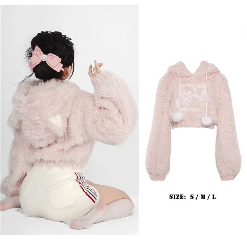 New Pink Lolita Kawaii Sweater Women Loose Japanese Sweet Fairy Hooded Tops Female Long Sleeve Korean Pullovers Winter