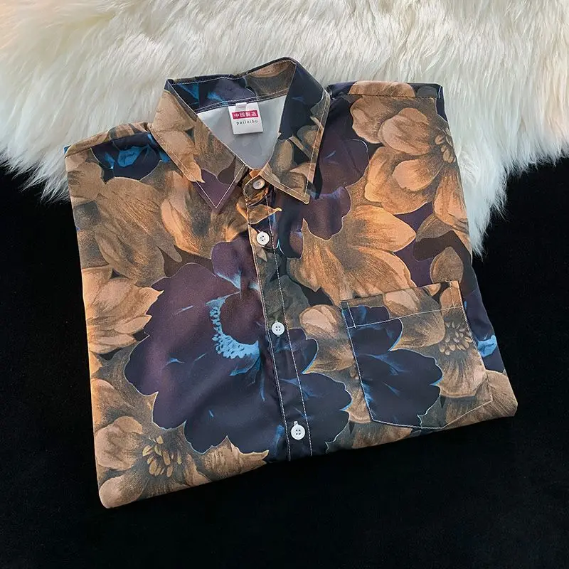 2024 Korean style Hawaiian shirt Baroque short-sleeved men\'s summer thin national fashion ice silk floral shirt vintage jacket