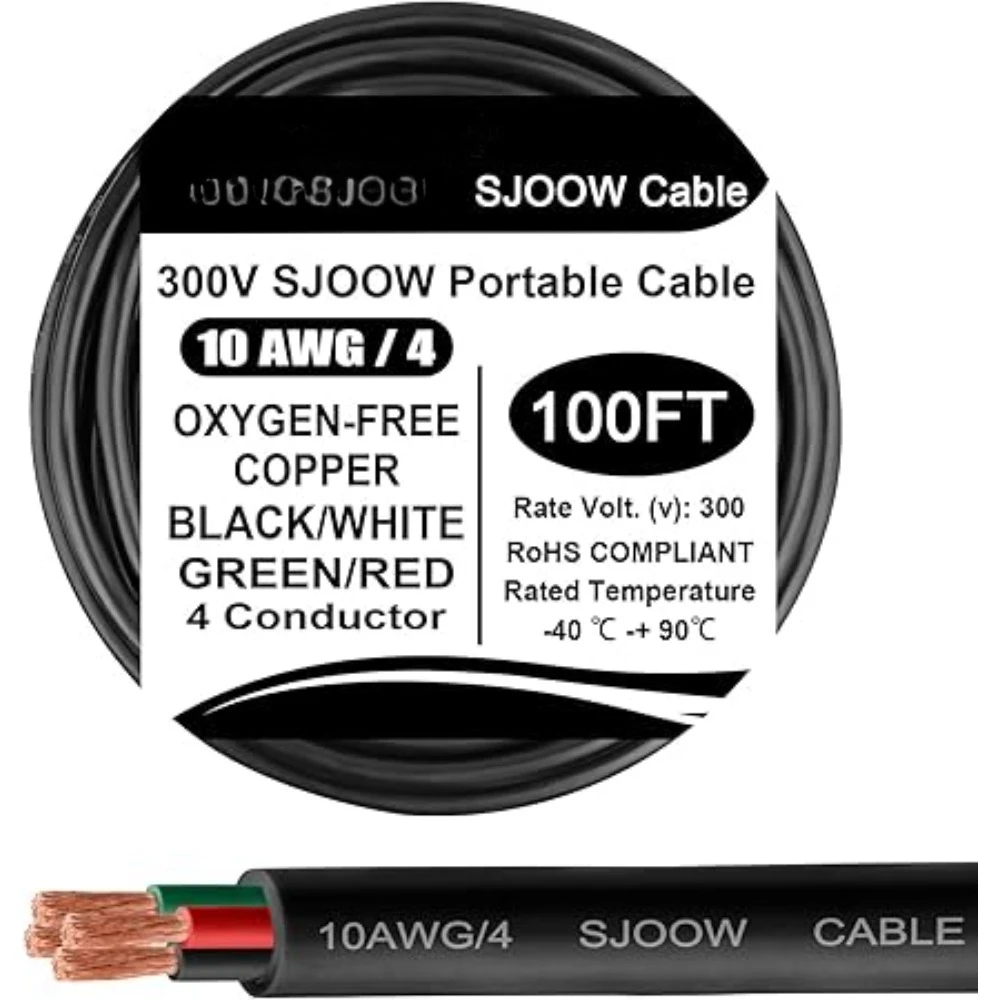 جودة عالية - كابل طاقة محمول 100 قدم 10/4 10 AWG (4 موصلات) - سلك كهربائي SJOOW 300V 10 مقياس لسلاسل المحرك، محمول