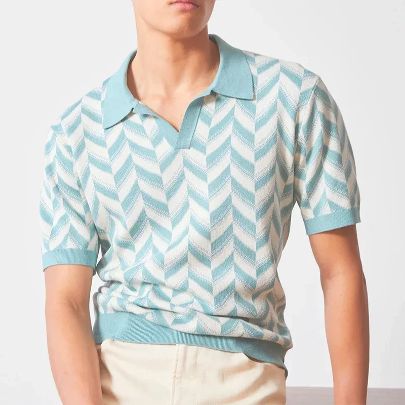 2026 Men's Summer Polo Shirts Jacquard Knitted V Neck Short Sleeve Polo Tops