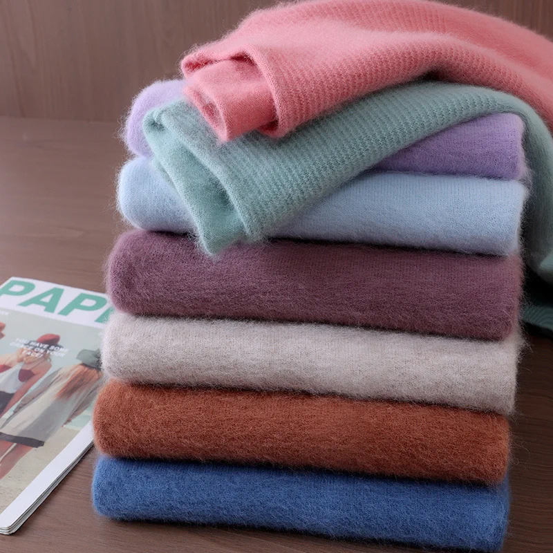 หนาสีทึบ Mink CASHMERE เสื้อกันหนาวฤดูใบไม้ร่วงและฤดูหนาวผู้หญิงกึ่งสูงคอหลวม Jacquard เสื้อขนสัตว์ Bottoming เสื้อ