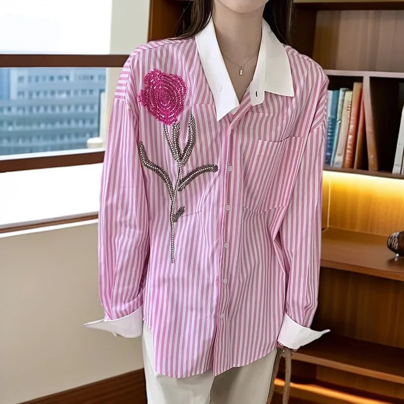 

2025 Autumn New Striped Nail Bead Rose Flower Long Sleeve Top Women's Causal Shirt