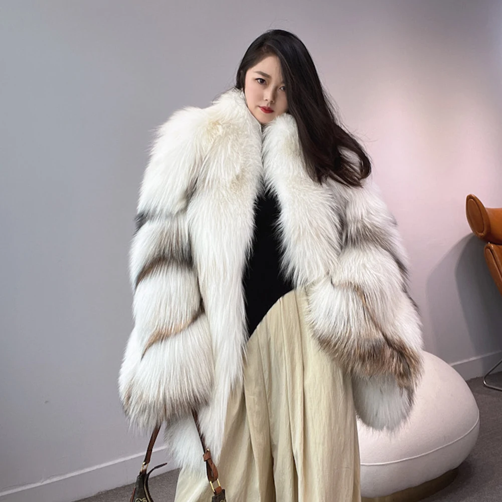 Denny&Dora Women's Fox Fur Coat Mid-Length Fox Fur Coat Winter Women Overcoat