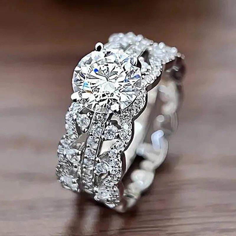 Huitan Luxus-Ring für Damen, mehrschichtig, silberfarben, mit heller Kubikzirkonia, für Hochzeit, Verlobung, wunderschöner Schmuck