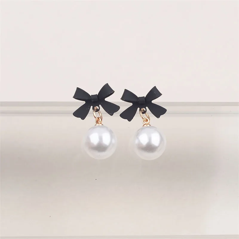 Black Red Bowknot Elegant Hanging Earrings Imitation Pearl Ball Pendants Korean Fashion Sweet Small Earrings brincos 2025 new