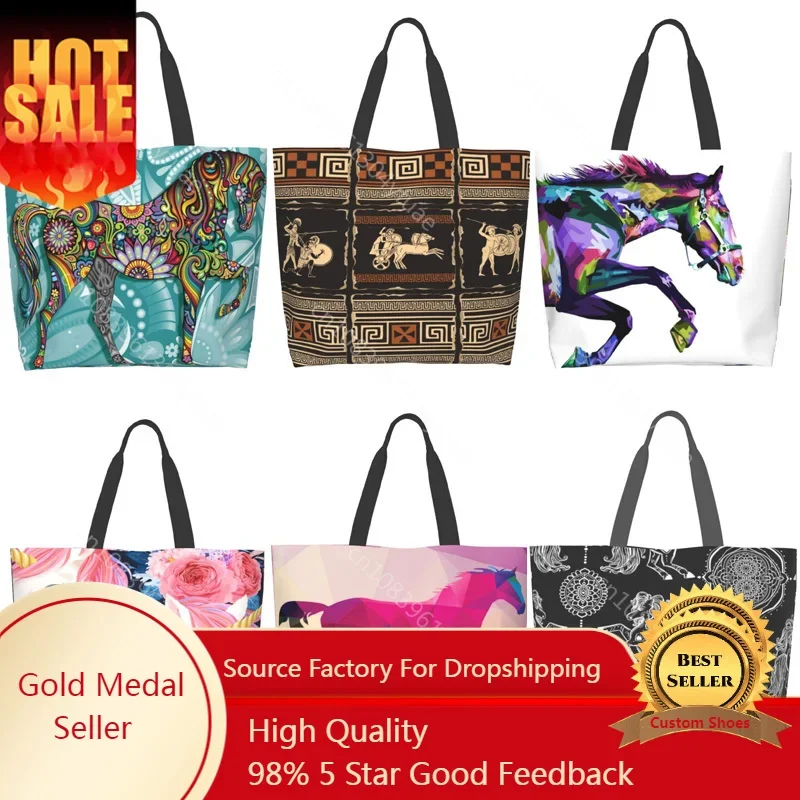 

Floral Horse Canvas Tote Bag Cute Shopper Bag Reusable Grocery Bags Handbag for Women Girls Shopping Lightweight Christmas Gift