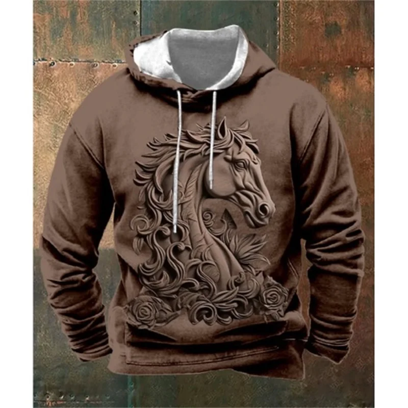 3D Print Sculpture Horse Hoodie For Men Art Style Pullover Hooded Sweatshirt Vintage Oversized Male Hoodie Clothes Streetwear