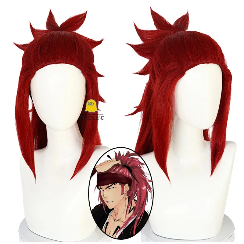 Renji Abarai Cosplay Wig Anime Bleach Dark Red Long Hair Ponytail Headband Thousand-Year Blood War The Separation 6th Division