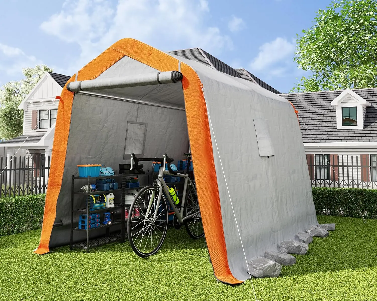 

6x8x6.6 FT Heavy Duty Portable Shed Storage Shelter, Outdoor Storage Shed With 2 Waterproof Windows & Roll-Up Zipper Door, Grey,
