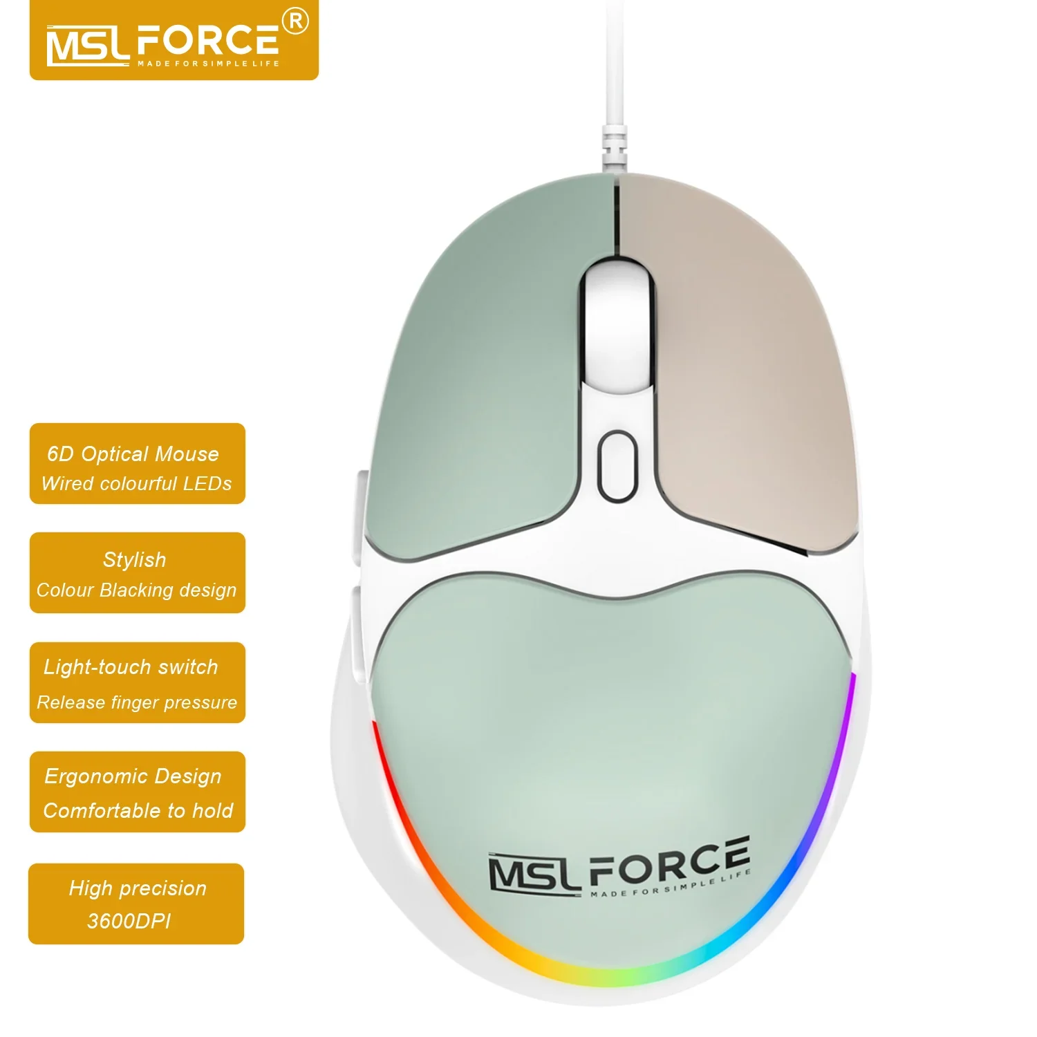 

MSLFORCE USB 6D Wired Mouse with Ergonomic Design 3600 DPI Adjustable Buttons Ergonomic Mouse for Laptops and PCs