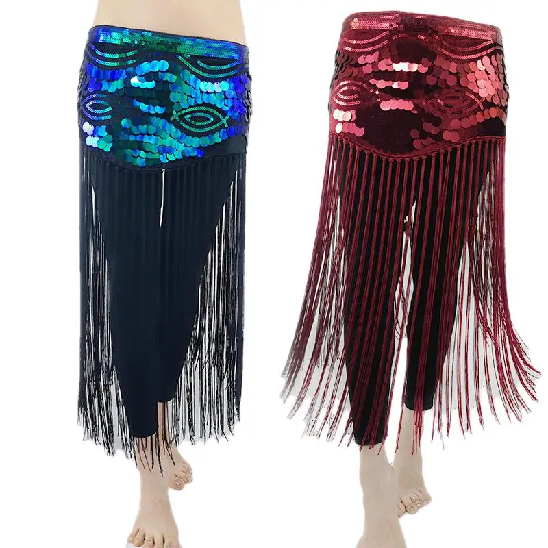 Womens Sequin Tassel Hip Scarf Skirts Belly Dance Waist Belt Rave Fringe Festival Stage Performance Show Costume