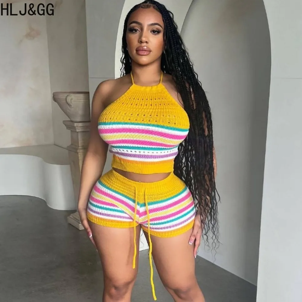 

HLJ&GG Summer Sweet Stripe Print Knitting Two Piece Sets Women Halter Sleeveless Backless Crop Top And Shorts Outfits Streetwear