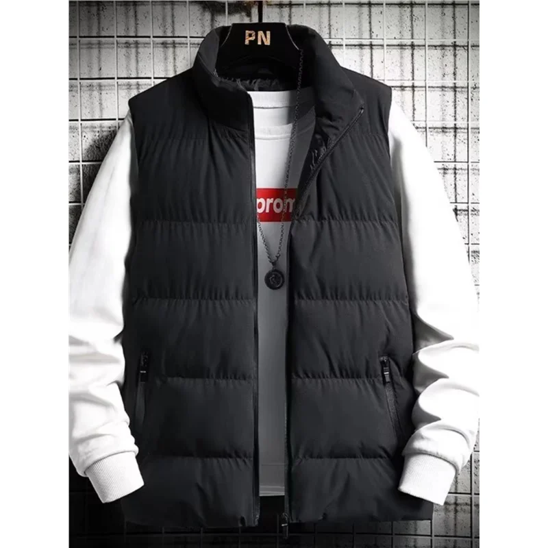 

New Winter Men's down Vest Lightweight Warm Workwear Inner Thin Padded Jaet Silk Cotton Zipper Closure Slim Fit